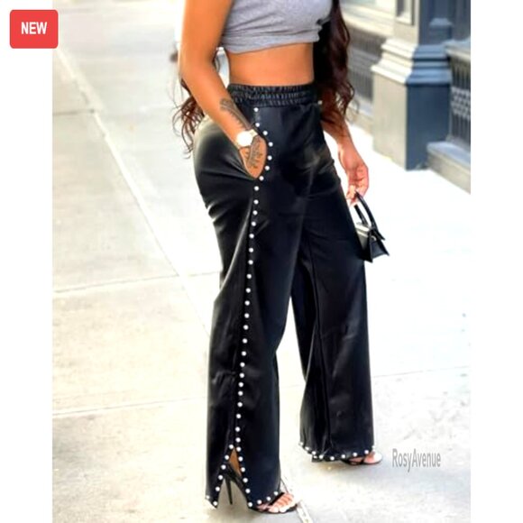 Wide Leg Faux Leather Pants with Rivets, Elastic Waist, Pockets, Casual - Picture 3 of 8